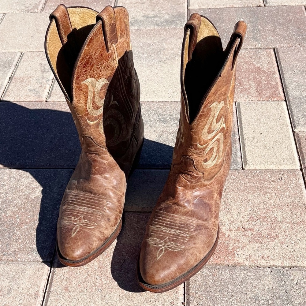Justin Bent Rail Cowgirl Boots Cognac Tan Leather Mid-Calf Western - Picture 2 of 9